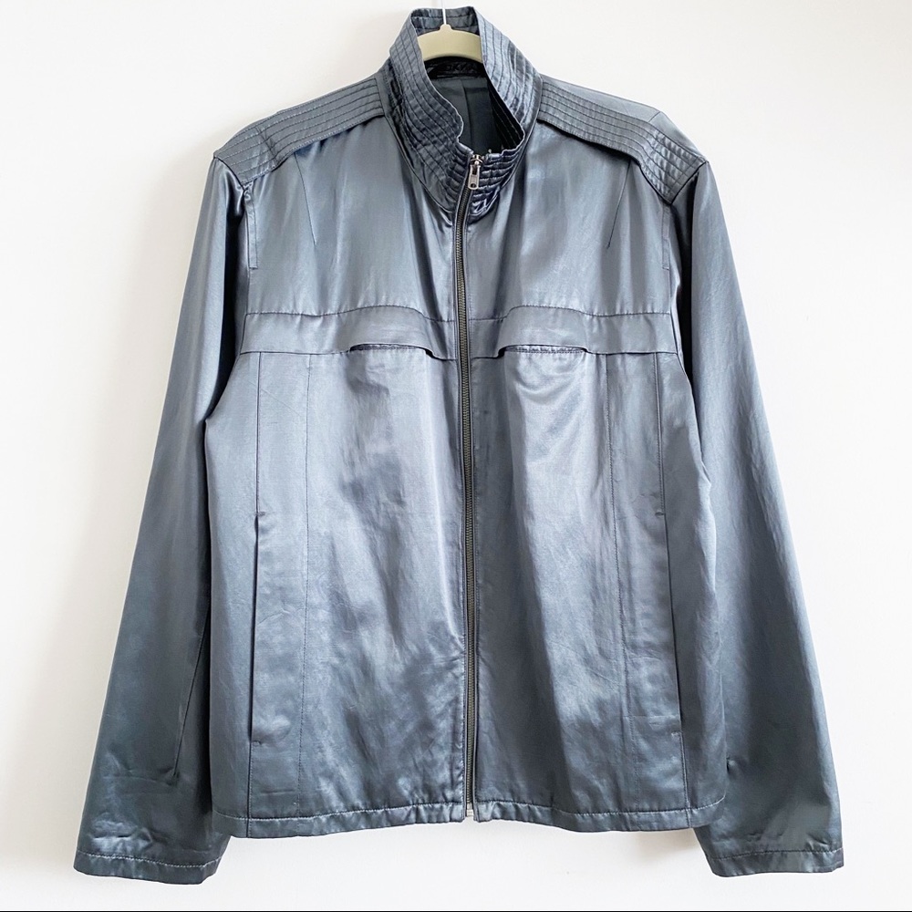 DKNY Gray Metallic Satin Zip Bomber Jacket M